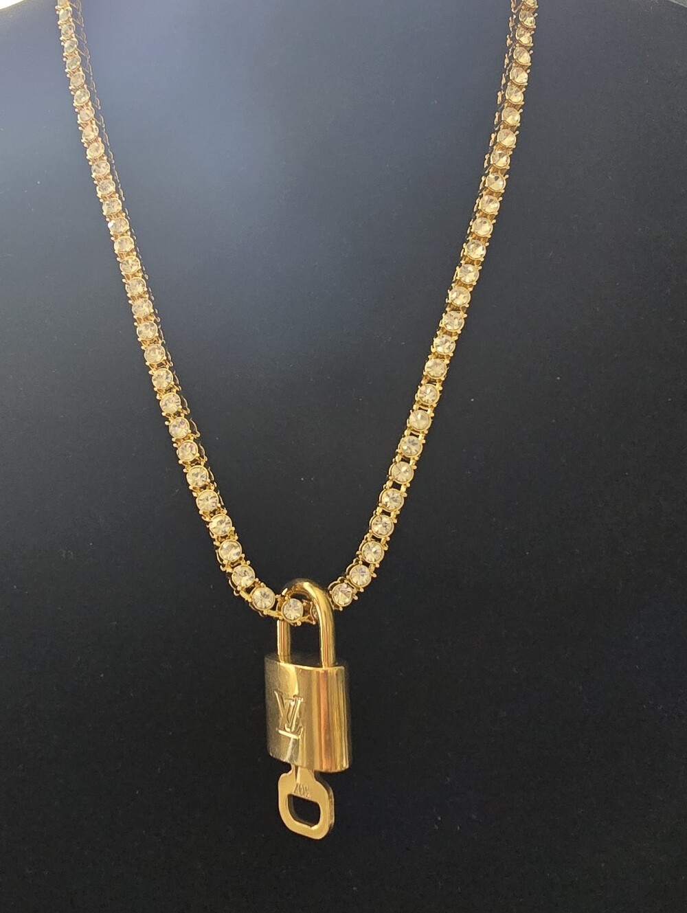 Louis Vuitton Gold Padlock Pendant on Crystal Pavé tennis Chain